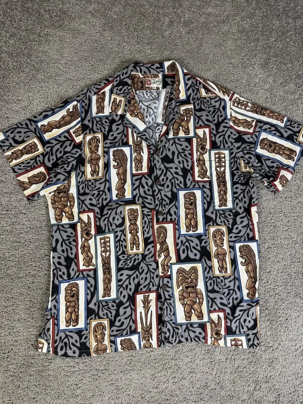 Hilo Hattie Shirt Mens 3XL Tiki God Print Short Sleeve Button Up Rayon